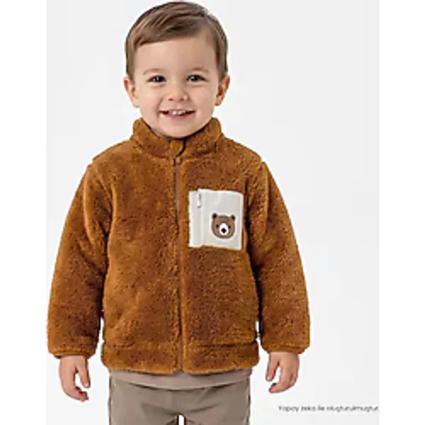 HelloBaby Erkek Bebek Welsoft Hırka Ayı Baskılı Fermuarlı Dik Yaka Long Sleeve