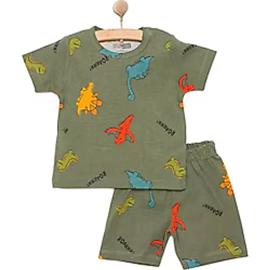 HelloBaby Erkek Kısa Kol Dinazor Desenli Bisiklet Yaka Pijama Takımı