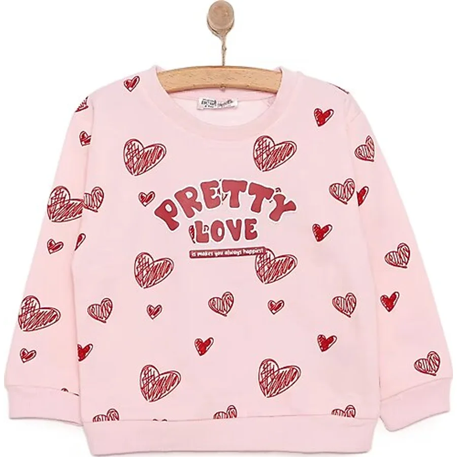 HelloBaby Kız Bebek Basic Az Şardonlu Kalp Desenli Sweatshirt Bisiklet Yaka Uzun Kol