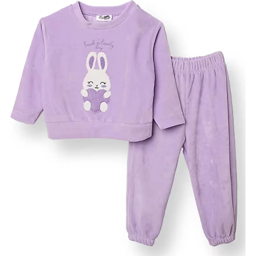 HelloBaby Kız Bebek Kadife Pijama Takımı Hayvan Baskılı Bisiklet Yaka Uzun Kol Ribanalı 12-2 Yaş