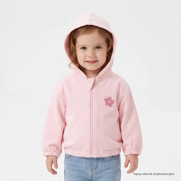 HelloBaby Kız Bebek Kapüşonlu Hırka Çiçek Baskılı Kapüşonlu Fermuarlı Uzun Kol 18-24 Ay