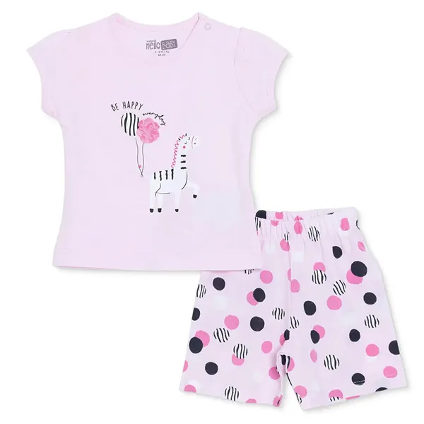 HelloBaby Kız Bebek Pijama Takımı Hayvan Baskılı Çıtçıtlı Bisiklet Yaka Kısa Kol Reçme