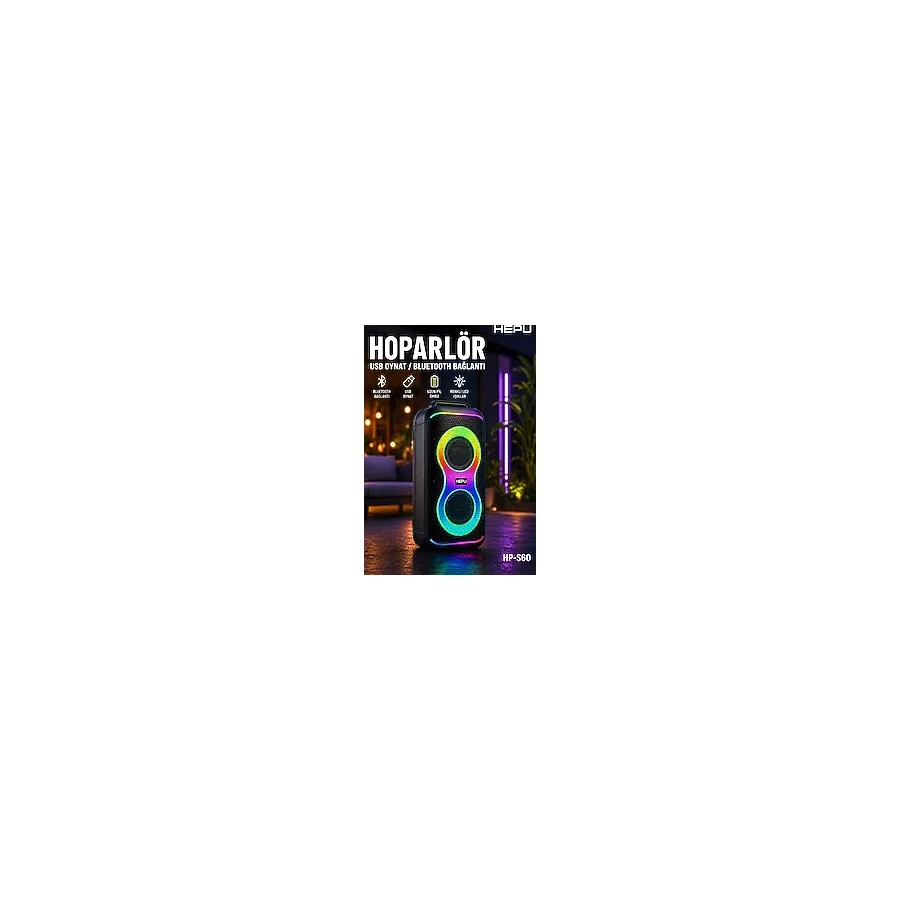 Hepu HP-S60 6000W Işıklı Karaoke Hoparlörü - Kablosuz Mikrofon Setli Parti Hoparlörü