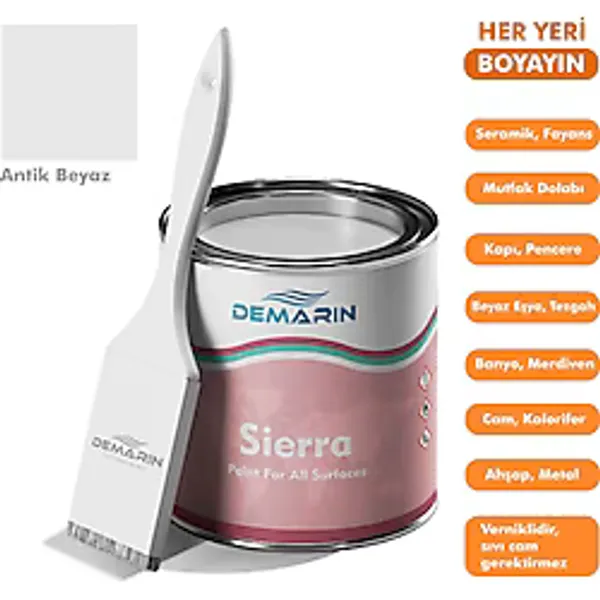 Her Şeyi Boyayabilen Demarin Sierra Tek Bileşen Fayans, Tezgah, Seramik, Mobilya, Zemin Boyası - 1 Kg - Antik Beyaz