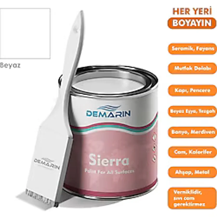 Her Şeyi Boyayabilen Demarin Sierra Tek Bileşen Fayans, Tezgah, Seramik, Mobilya, Zemin Boyası - 1 Kg - Beyaz