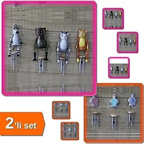 Hereveoyuncak Ahşap Hayvan Figürlü Rüzgar Çanı Model 2 + Üstü Ahşap Metal Çan Model 1 - 2Li Set U2P2Y5