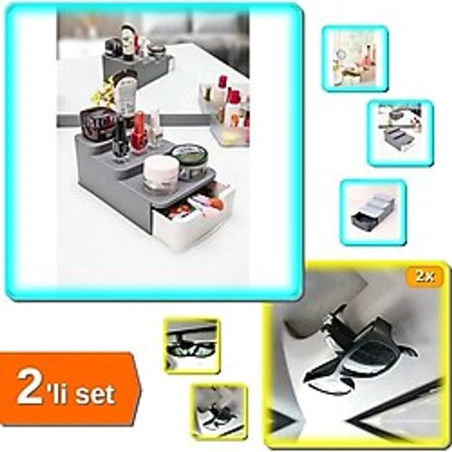 Hereveoyuncak Compact Çekmeceli ve Standlı Makyaj Organizeri + 2 Adet Araba Gözlük Tutacağı Klips - 2li Set N3Z7Q5