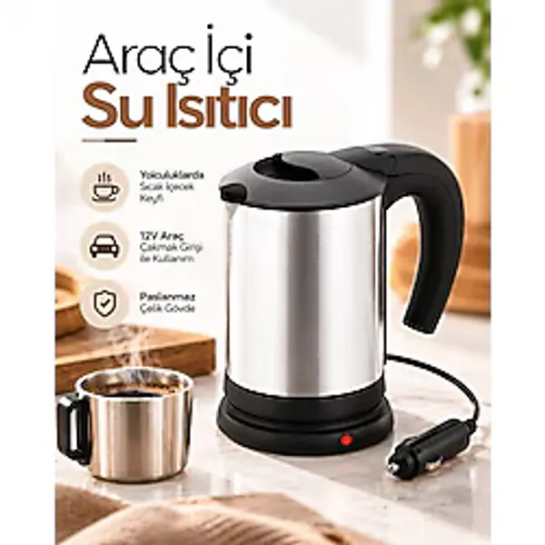 Herşey Trend 12V Araç Çakmak Girişli Paslanmaz Çelik Araç Içi Su Isıtıcı Seyahat Tipi Kettle