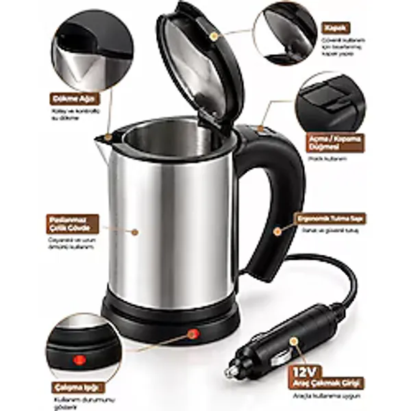 Herşey Trend Araç Içi Kullanıma Uygun 12V Elektrikli Su Isıtıcı Paslanmaz Çelik Gövdeli Pratik Kettle