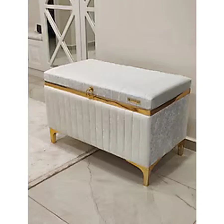 Heskar Home Tek Parça Krem Renk Altın Şeritli Modern Büyük Gelin Çeyiz Sandığı