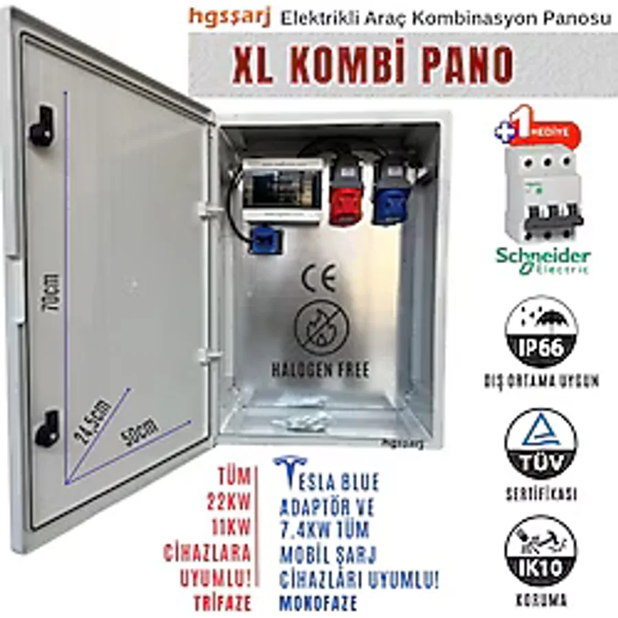 Hgsşarj "xlkombi" 5X32A + 3X32A + 1X16A 22KW Trifaze 7kw Monofaze Elektrikli Araç Kombinasyon Panosu Tesla Blue Adaptör Uyumlu Schneider Sigorta Grubu Kombinasyon Kutusu