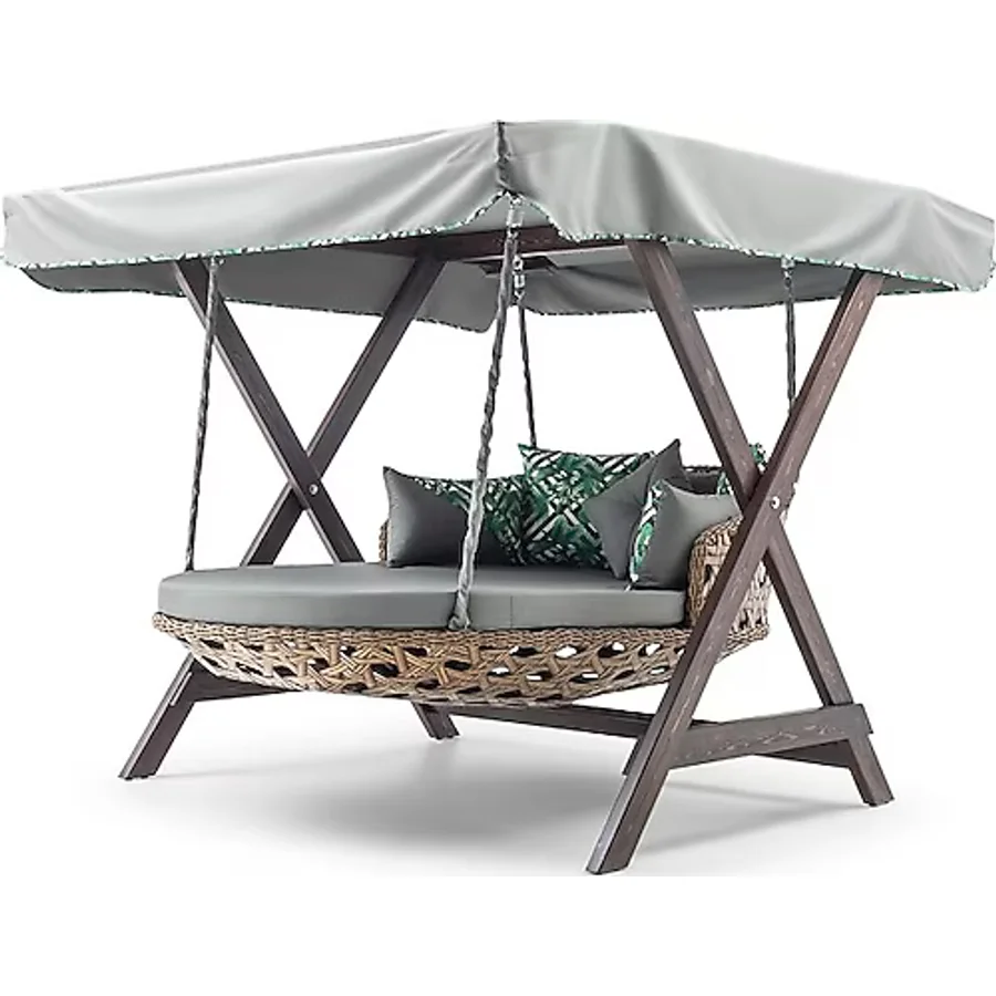 Hier Dominik Swing Ahşap Rattan Salıncak Dış Mekan Bahçe Balkon Ve Teras Salıncağı Gri
