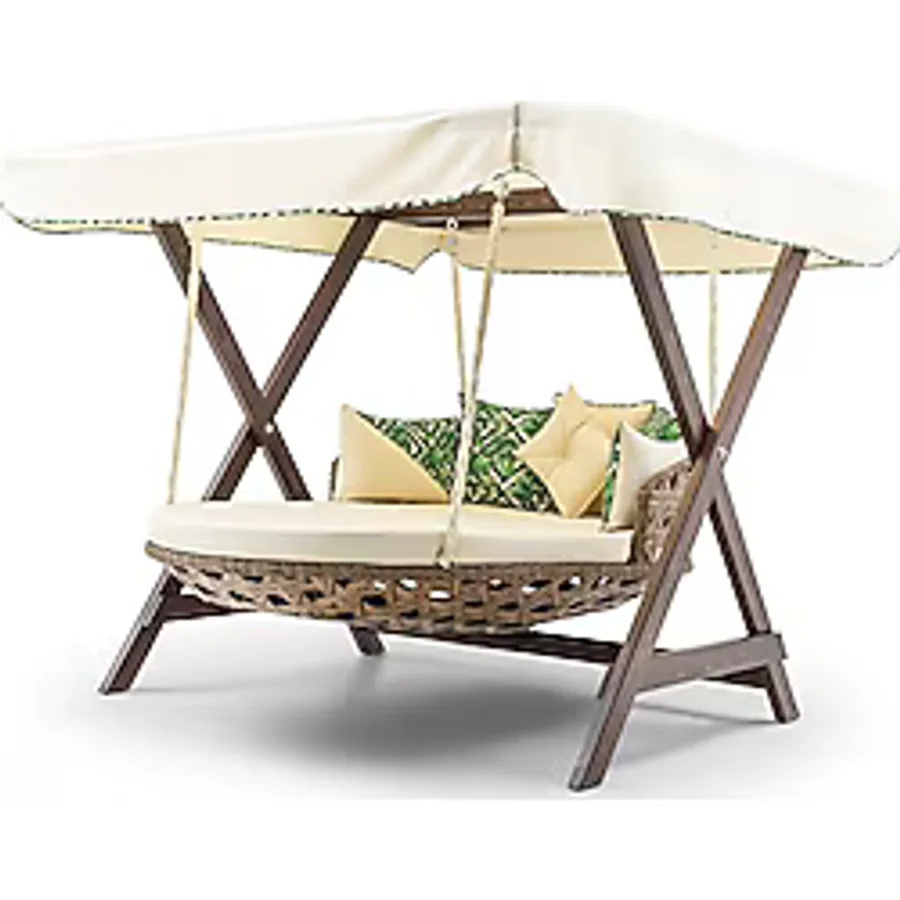 Hier Dominik Swing Ahşap Rattan Salıncak Dış Mekan Bahçe Balkon ve Teras Salıncağı Krem - Kahverengi