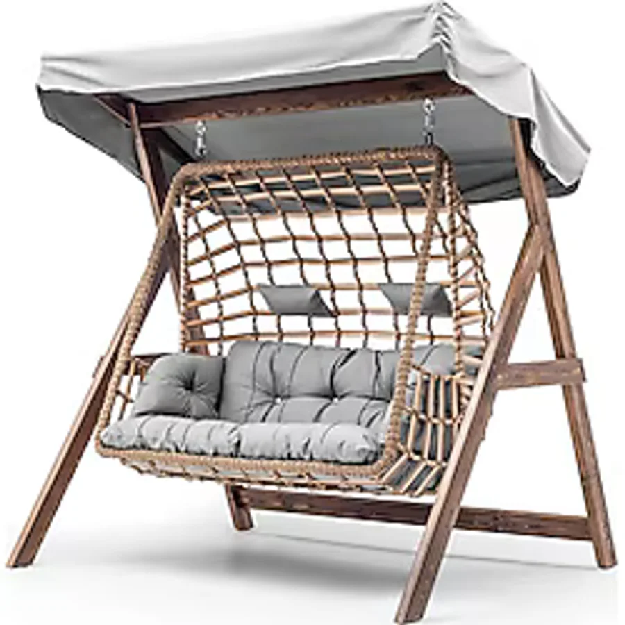 Hier Girne Swing Ahşap Rattan Salıncak Dış Mekan Bahçe Balkon Ve Teras Salıncağı Gri