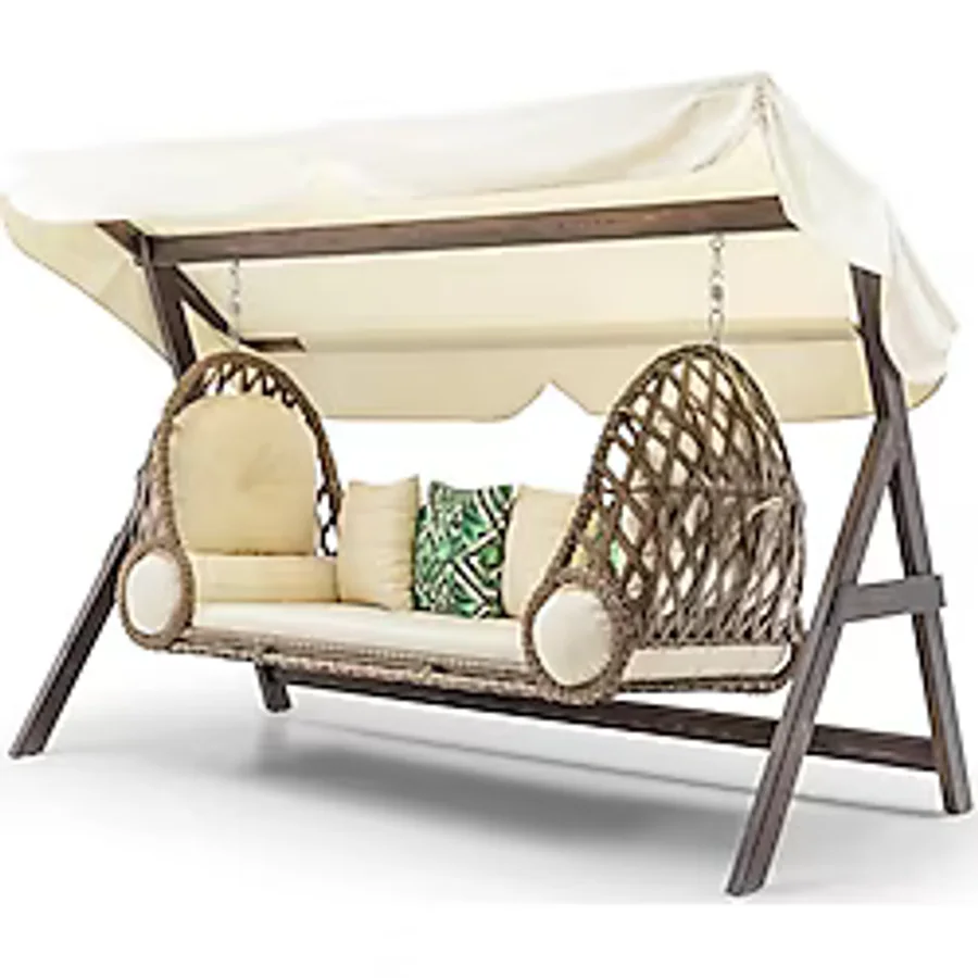 Hier Swing Saltanat Ahşap Rattan Salıncak Dış Mekan Bahçe Balkon Ve Teras Salıncağı Krem