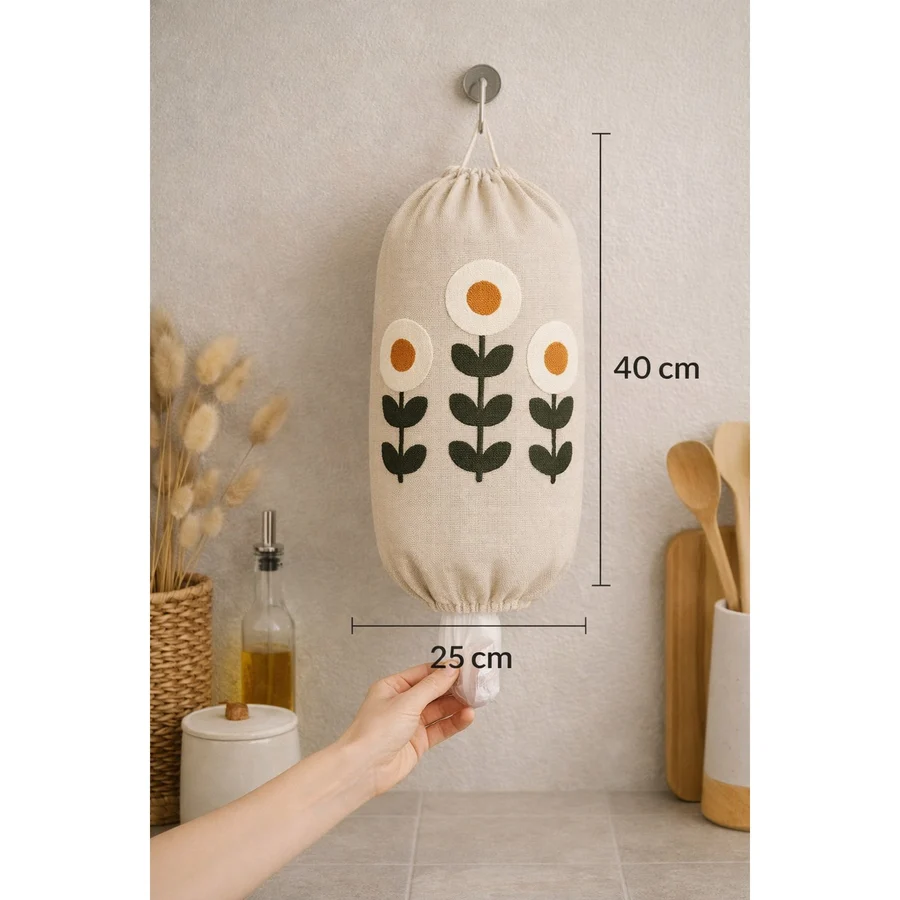 Hig Store Punch Panç Poşetlik Nakışlı - Poşet Düzenleyici - Poşet Organizeri 1 Adet 40X25 cm - Ahşap - Beyaz - 40 x 25