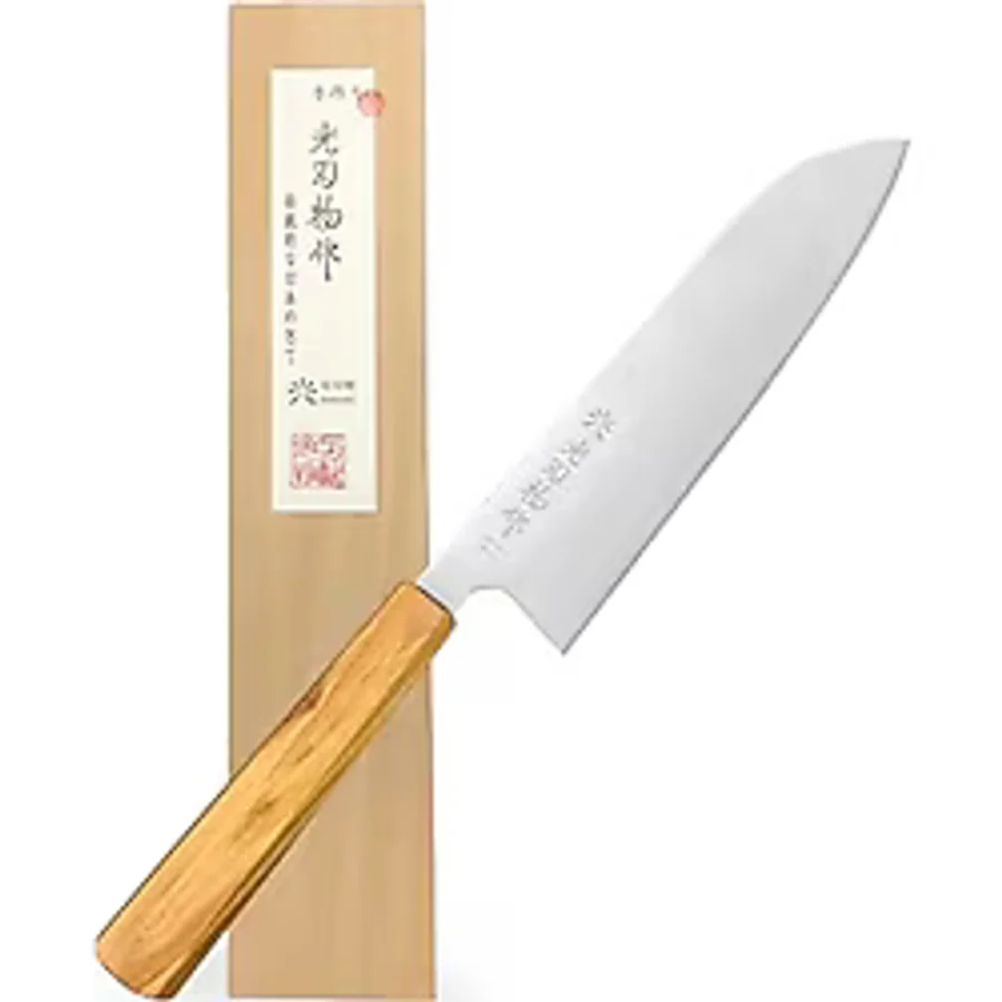 Hikari Hamono Geleneksel El Yapımı Japon Santoku Şef Bıçağı Zeytin Ağacı Sap Özel Ahşap Kutulu