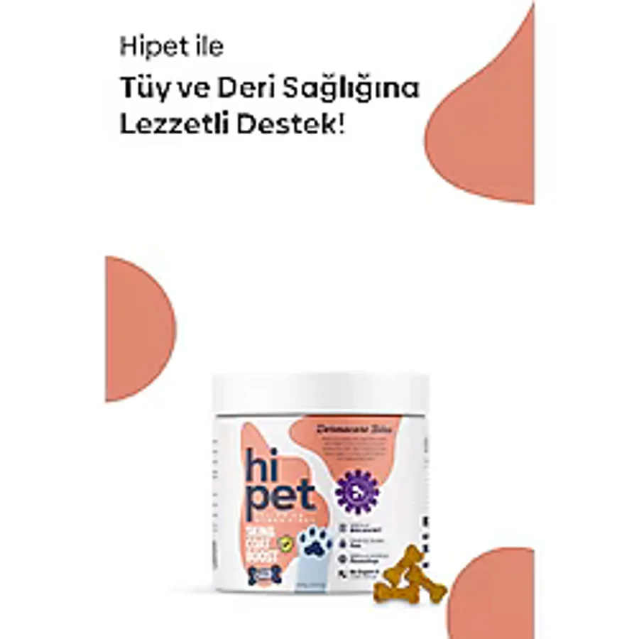 HiPet Köpekler için Deri ve Tüy Sağlığını Destekleyen Çiğnenebilir Tablet - Zerdeçal, Omega 3-6, E Vitamini, 90 Adet