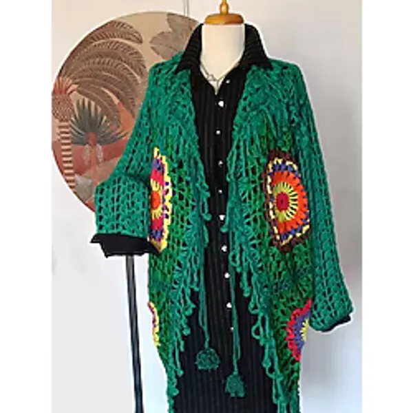 Hippybutik Kadın Yeşil Mandala Desenli El Örgüsü Otantik Tesettür Giyime Uygun Hırka/astarsız Ceket - Standart - Orman Yeşili