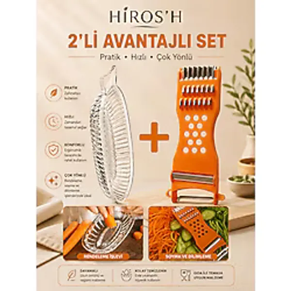 HİROS'H 2li Set Bebek Pratik Alkano Cam Rende ve Çok Fonksiyonlu Sebze Doğrayıcı Rende