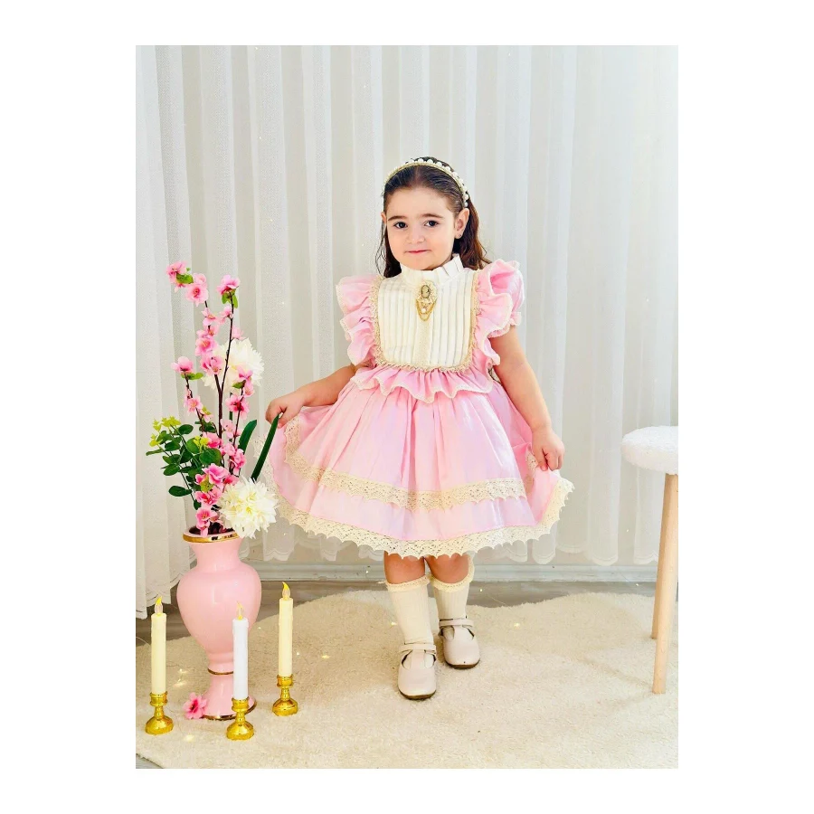 Hly Karol Tasarım Pembe Krem Vintage Kız Bebek Elbisesi,Doğum günü,fotoğraf çekim elbise,0-12 Yaş Uygun