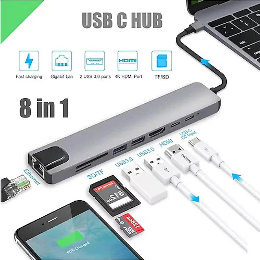 HMXPLUS 8 In 1 4k Type C Usb 3.0 Hub Hdmı Rj45 Sdtf Adaptörü