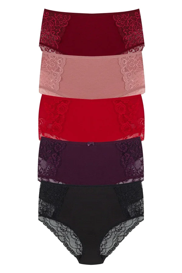 HNX 5'li Pamuklu Ön Ve Arka Dantelli Yüksek Bel Büyük Beden Kadın Külot - 2