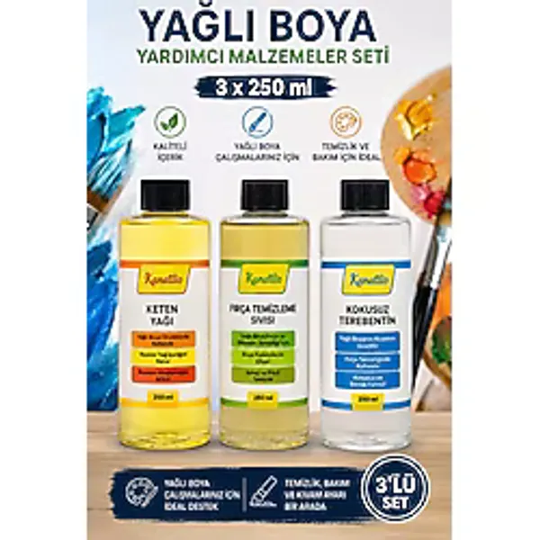 Hobialem Yağlı Boya Yardımcı Malzeme Seti 3X250 ml Keten Yağı Terebentin Fırça Temizleyici