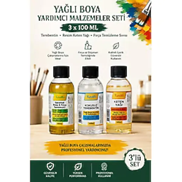 Hobialem Yağlı Boya Yardımcı Malzemeler Seti 3X100 ml Keten Yağı , Terebentin , Fırça Temizleyici Sıvı