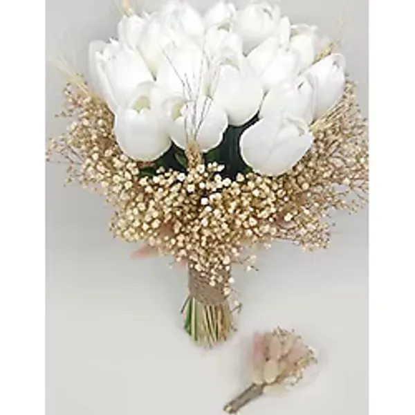Hobigram Beyaz Yapay Lale Gelin El Çiçeği Ve Damat Yaka Çiçeği 20 Adet Lale