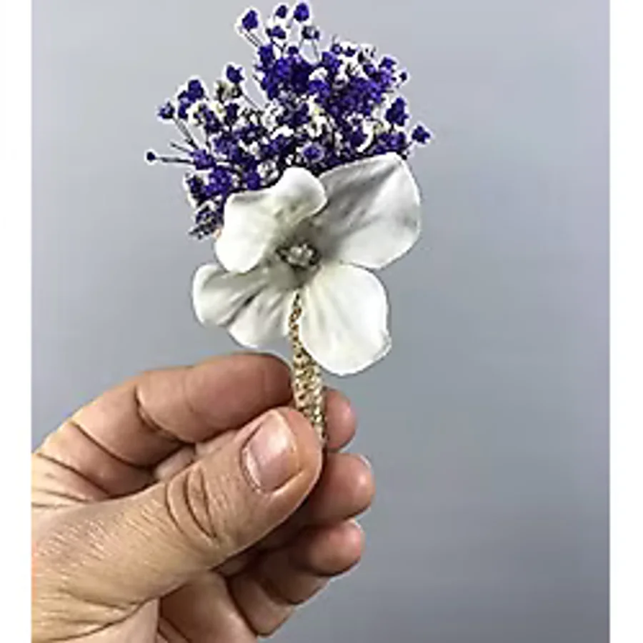 Hobigram Mor Cipsolu Beyaz Çiçekli Damat Yaka Çiçeği 10 Adet
