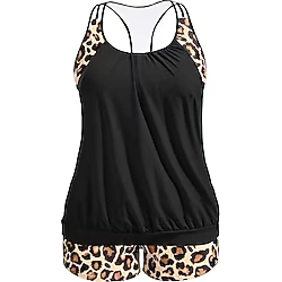 Holipick Kadınlar için Büyük Beden Tankini Mayo İki Parça Karın Kontrolü Mayo Bluz Askılı Tankini Üst Şortlu, Siyah Leopar,