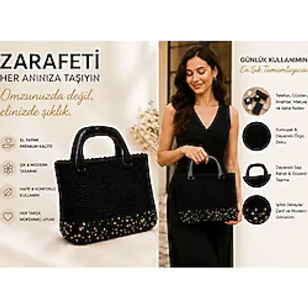 Holisticin Kadın Örgü El Çantası Clutch Portföy Abiye Çanta El Yapımı Şık Günlük ve Davet Çantası Siyah Pullu