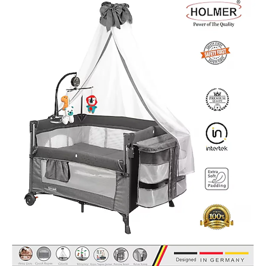 Holmer Coolstyle Premium Cibinlikli Dönenceli Anne Yanı Oyun Parkı Beşik 70x110cm Koyu Gri