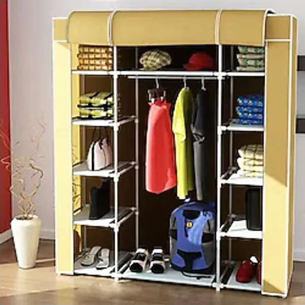 Home Dzgn Home Çift Yandan Raflı Askılı Plastik Profilli Kumaş Bez Dolap, Geniş Portatif Gardırop-Bej