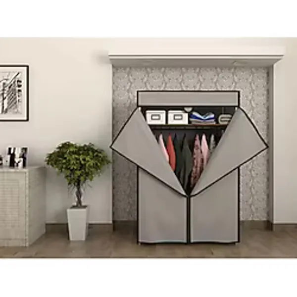 Home Dzgn Home Metal Çelik Borulu Plastik Raflı Ekonomik Bez Dolap Gardırop Portatif Gardırop-Gri