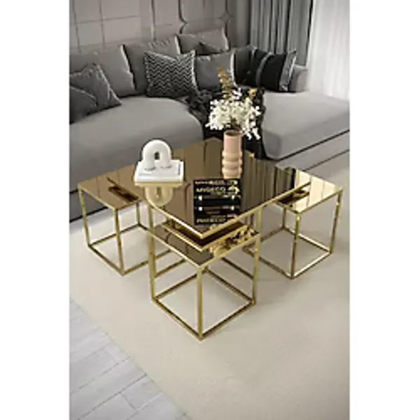 Home Plus Mobilya 4+1 Gold Kaplama Bronz Ayna Orta Sehpa