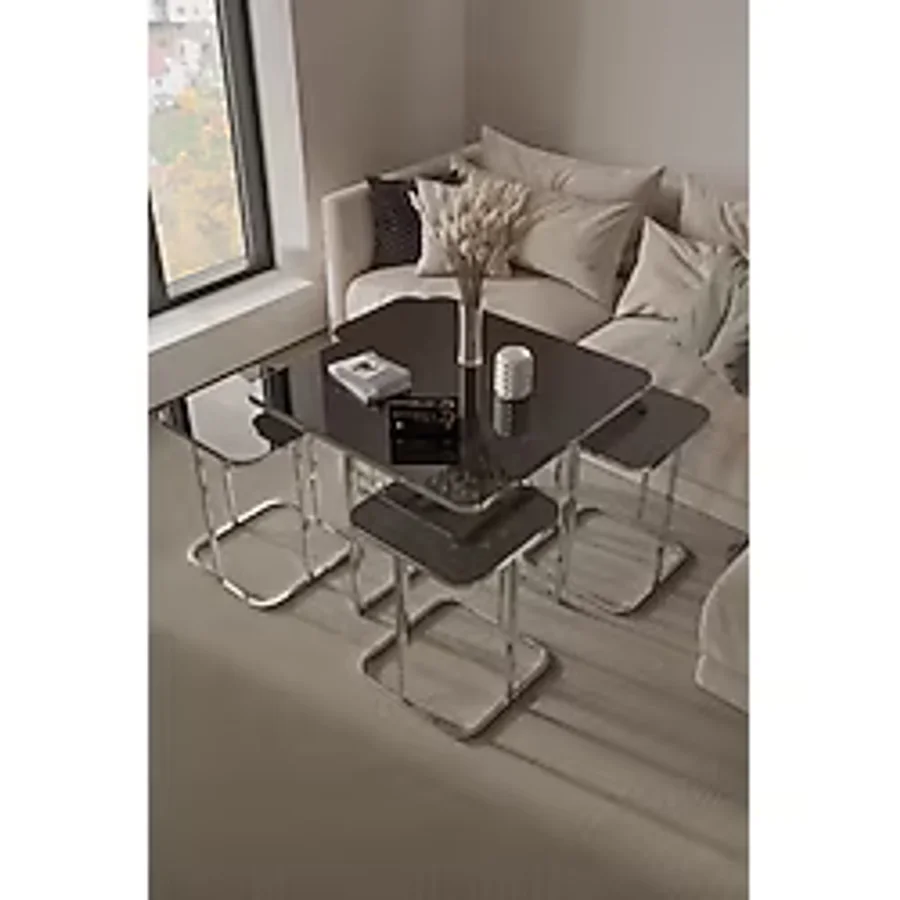 home plus mobilya Tokyo 5'li Gümüş Kaplama Füme Aynalı Orta Sehpa & Zigon Sehpa & Yan Sehpa & Bohem Sehpa Takımı