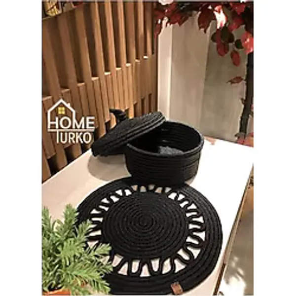 Home Turko 1 Adet Supla 1 Adet Ekmek Sepeti Takım, Jüt Supla, Amerikan Servis, Tabak Altlığı, Ekmek Sepeti Siyah