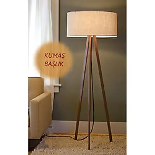 Homedit Toscana Antik Beji--3 Ayaklı Tripod Lambader Abajur Kumaş Başlık--bej-c