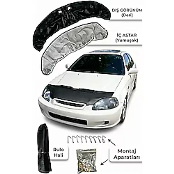 Honda Civic 1996-2000 Uyumlu Ön Kaput Koruma Maskesi Siyah Deri - Taş Çarpma & Güneş Koruyucu - Kolay Montaj