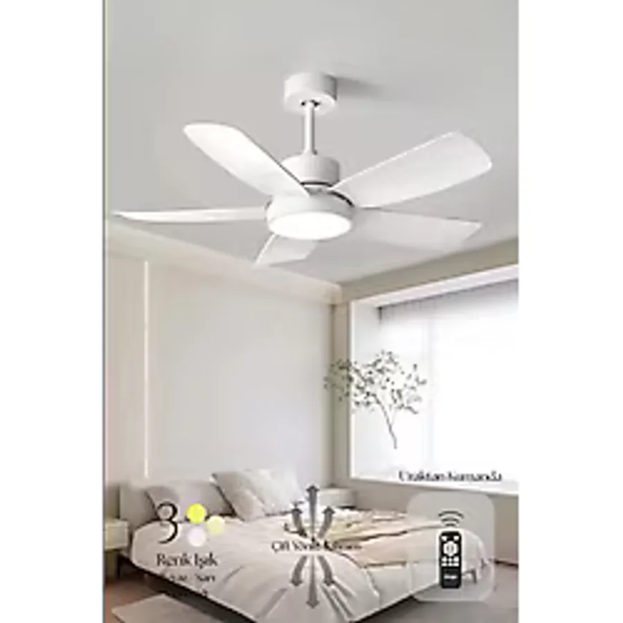 Hoogar German Beyaz 110 cm 5 Kanatlı Süper Sessiz 3 Renk Uzaktan Kumandalı Tavan Vantilatörü Dc Motor