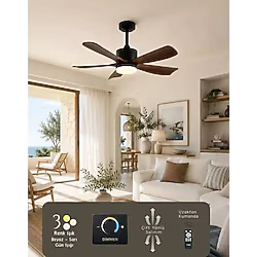 Hoogar German Brown+Black 2026 Yeni Compact Tasarım 105 cm 5 Kanatlı Dc Sessiz Motor Tavan Vantilatörü Dim Ayarlı - Siyah - Koyu Ceviz