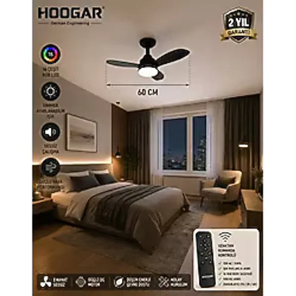 Hoogar German New Black Super Aydınlatmalı Uzaktan Kumandalı Tavan Vantilatörü