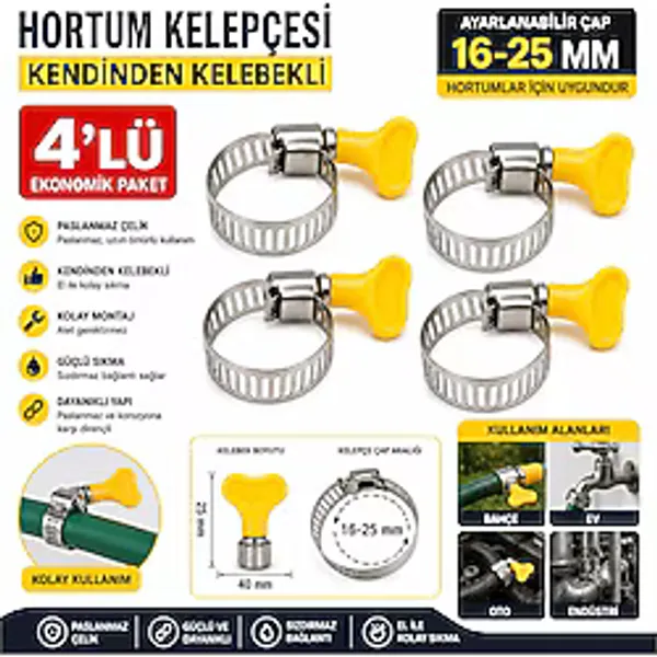Hortum Kelepçesi 4 Adet Plastik Kelebek Bağlantılı Paslanmaz Çelik Metal Hortum Kelepçesi 16-25 Mm Ayarlanabilir El Sı 1