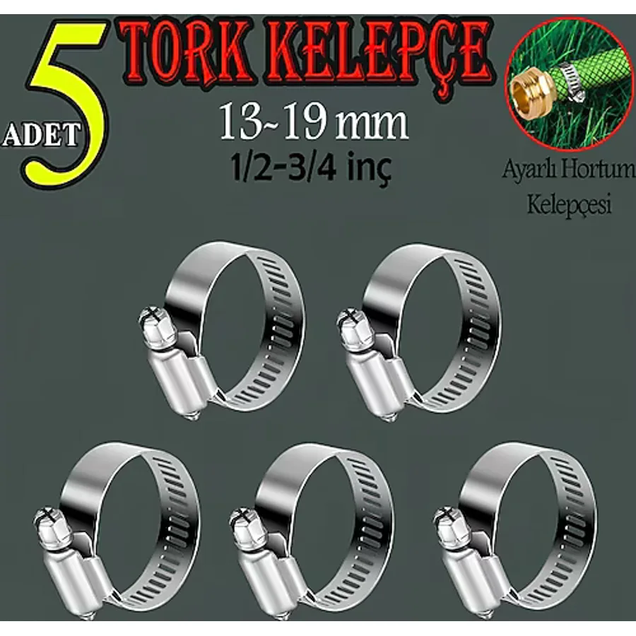 Hortum Kelepçesi Tork Ayarlı 13X19 Mm Paslanmaz Çelik Boru Metal Kelepçe Ayarlanabilir Klips 5 Adet