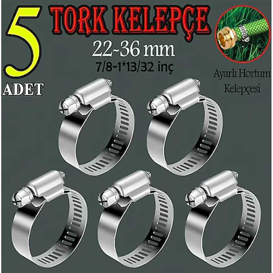 Hortum Kelepçesi Tork Ayarlı 22X36 Mm Paslanmaz Çelik Boru Metal Kelepçe Ayarlanabilir Klips 5 Adet