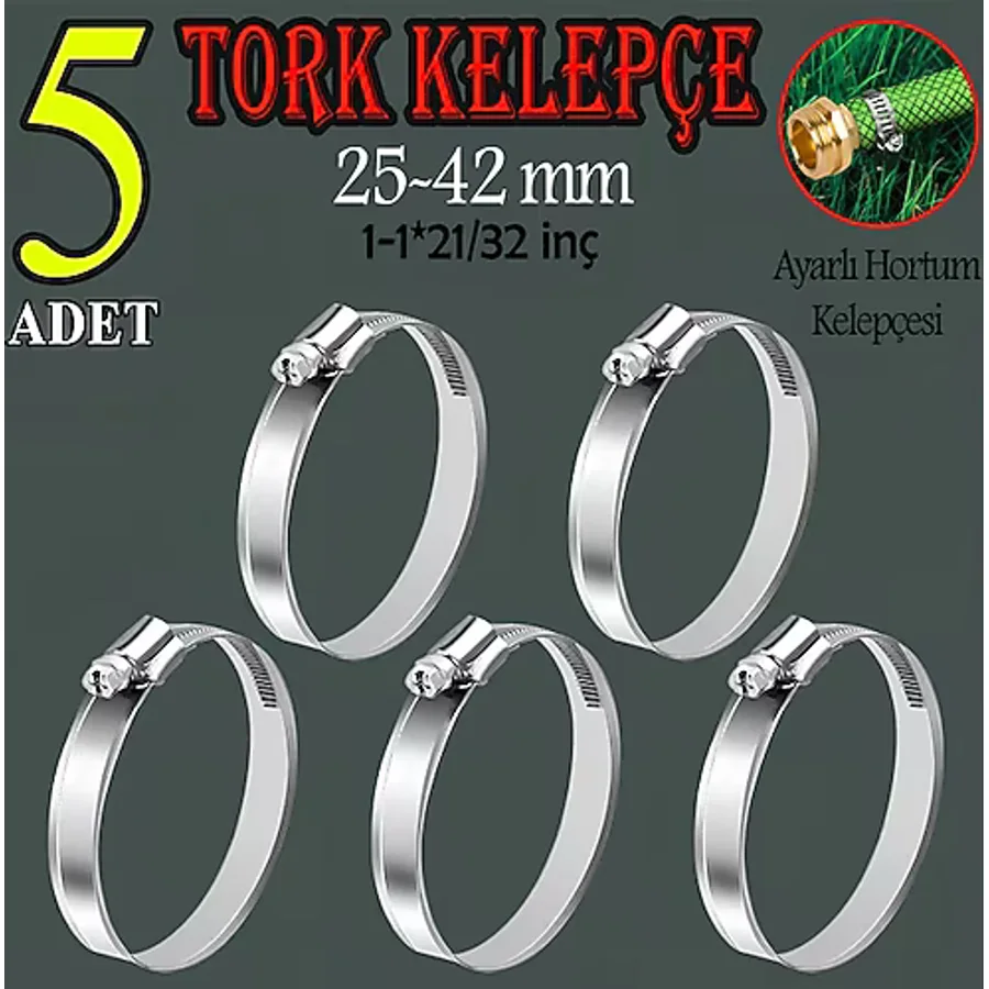 Hortum Kelepçesi Tork Ayarlı 25X42 Mm Paslanmaz Çelik Boru Metal Kelepçe Ayarlanabilir Klips 5 Adet