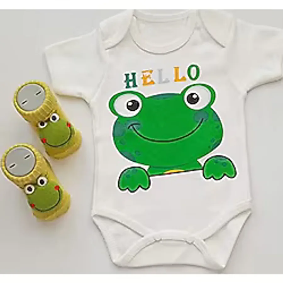 Hoşgeldin Bebek, Unısex, Yenidoğan Bebek Kurbağa Baskılı Badi Hediye Seti