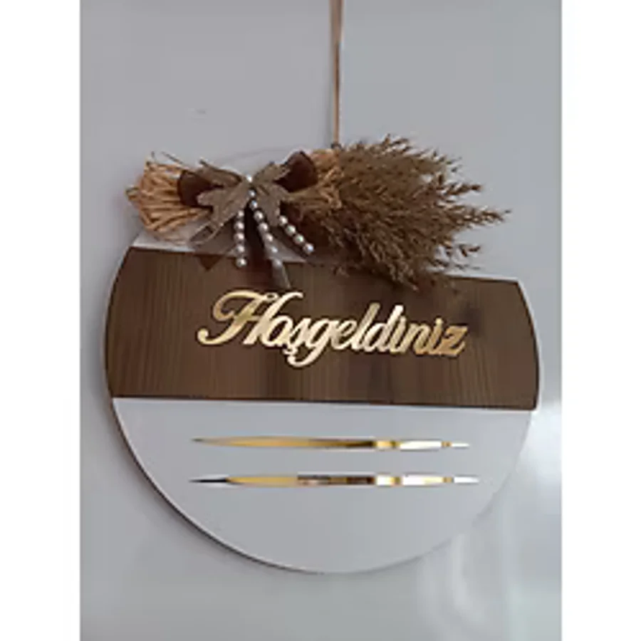 Hoşgeldiniz Yazılı Aynalı Pleksi Ahşap Dekoratif Kapı Süsü altin-kahverengi